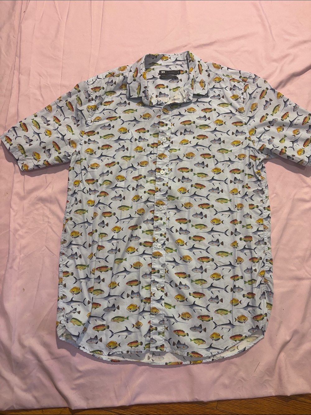 Light Blue Short-Sleeve Fish-Print Button-Down Shirt